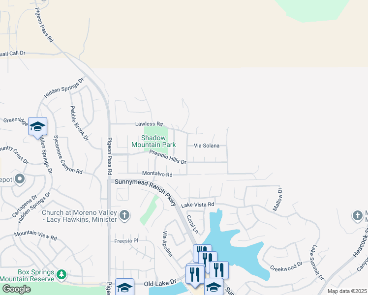 map of restaurants, bars, coffee shops, grocery stores, and more near 9817 Espada Creek Road in Moreno Valley