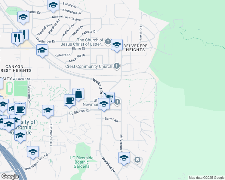 map of restaurants, bars, coffee shops, grocery stores, and more near 3598 Mount Vernon Avenue in Riverside