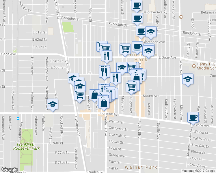 map of restaurants, bars, coffee shops, grocery stores, and more near 6722 Santa Fe Avenue in Huntington Park