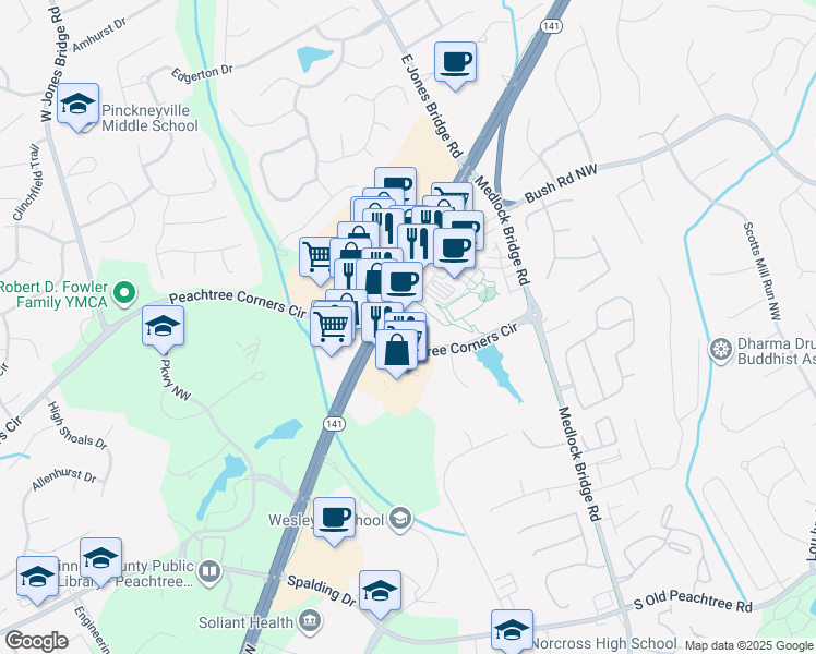 map of restaurants, bars, coffee shops, grocery stores, and more near 5246 Peachtree Parkway in Norcross