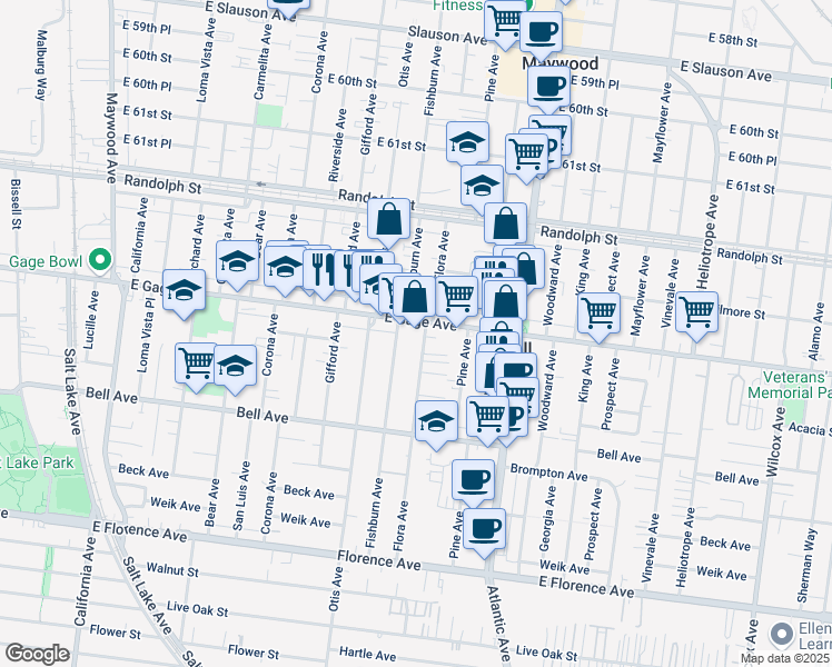 map of restaurants, bars, coffee shops, grocery stores, and more near 4320 Gage Avenue in Bell