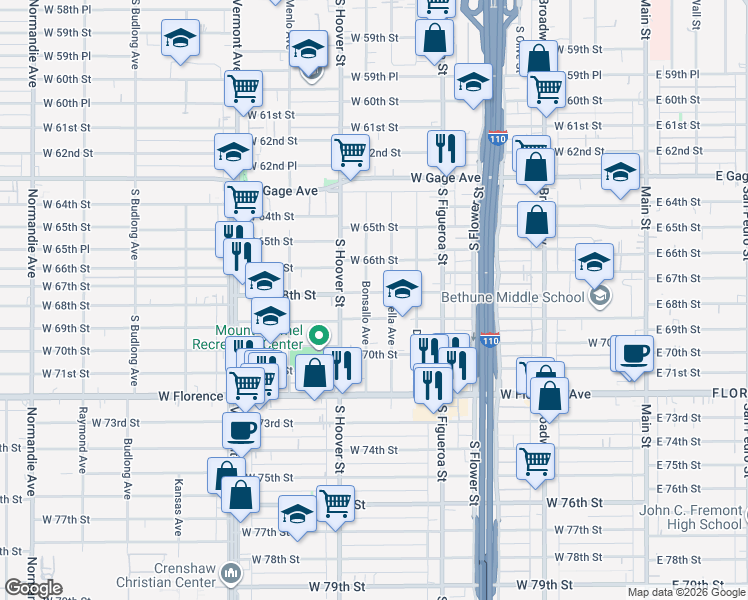 map of restaurants, bars, coffee shops, grocery stores, and more near 6804 Bonsallo Ave in Los Angeles