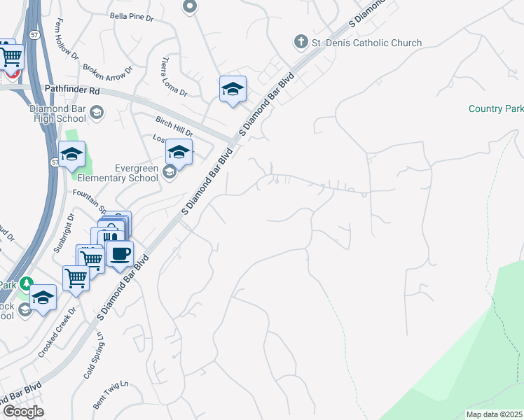 map of restaurants, bars, coffee shops, grocery stores, and more near 22105 Rim Fire Lane in Diamond Bar