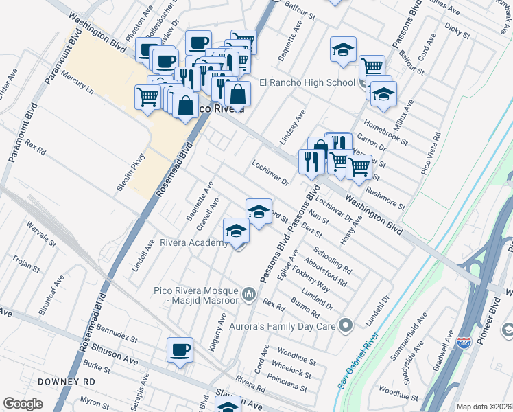 map of restaurants, bars, coffee shops, grocery stores, and more near 9236 Canford Street in Pico Rivera