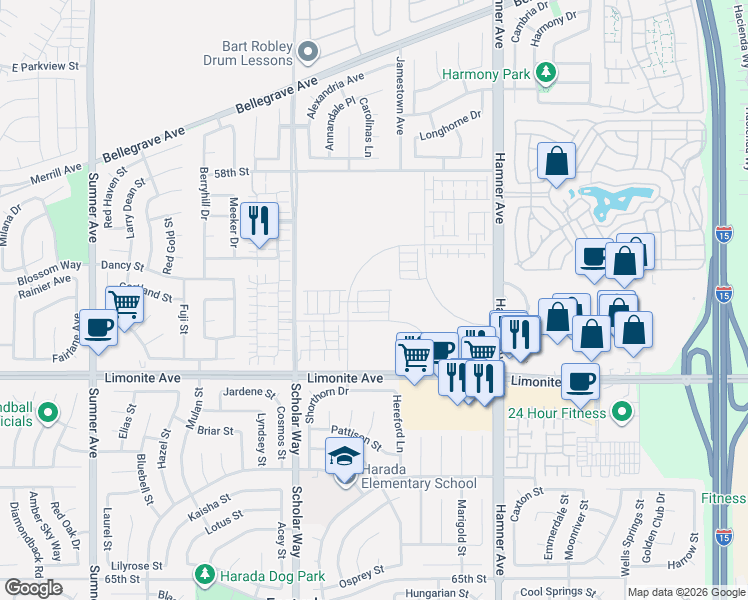 map of restaurants, bars, coffee shops, grocery stores, and more near 12740 58th Street in Corona