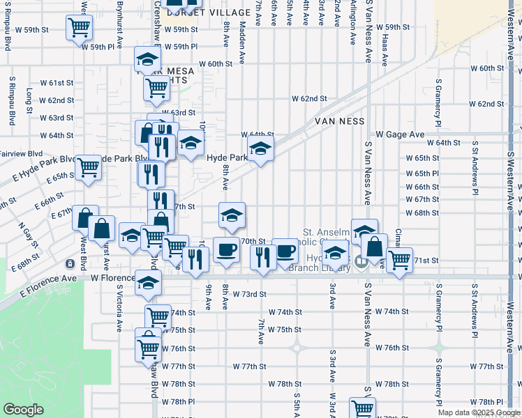 map of restaurants, bars, coffee shops, grocery stores, and more near 6702 7th Ave in Los Angeles