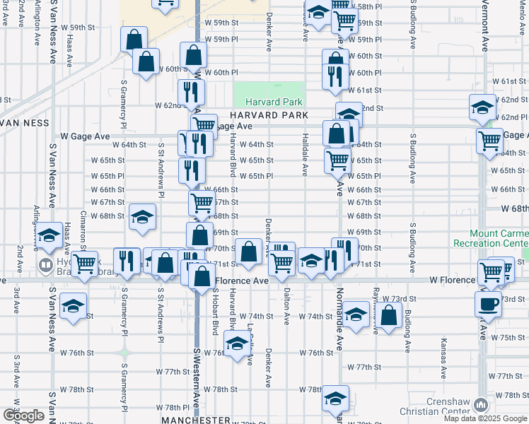 map of restaurants, bars, coffee shops, grocery stores, and more near 1605 West 68th Street in Los Angeles