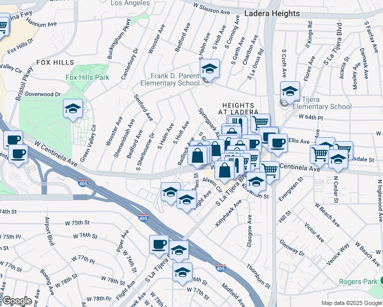 map of restaurants, bars, coffee shops, grocery stores, and more near 6727 Alvern Street in Los Angeles