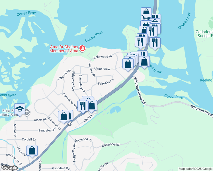 map of restaurants, bars, coffee shops, grocery stores, and more near 113 Fairoaks Cir in Gadsden