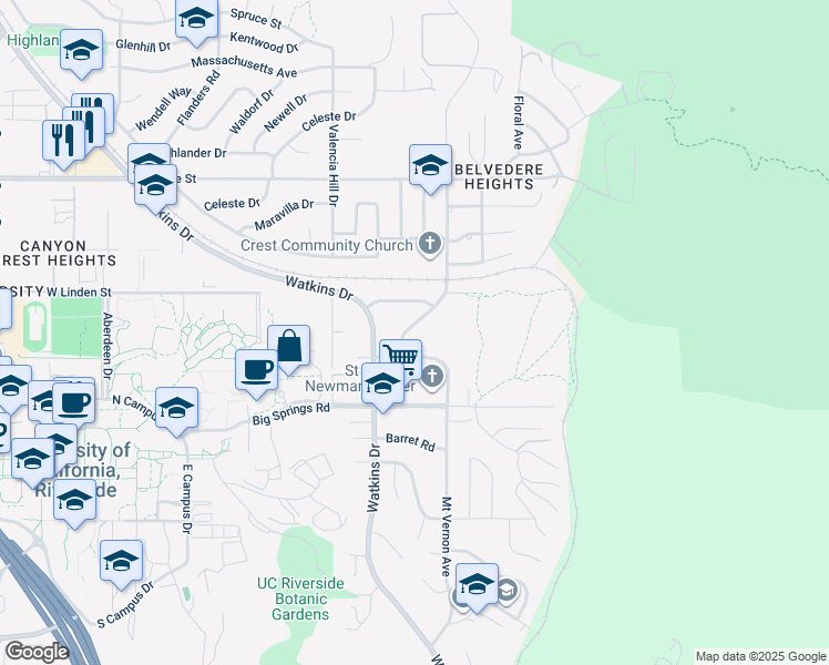 map of restaurants, bars, coffee shops, grocery stores, and more near 3598 Mount Vernon Avenue in Riverside