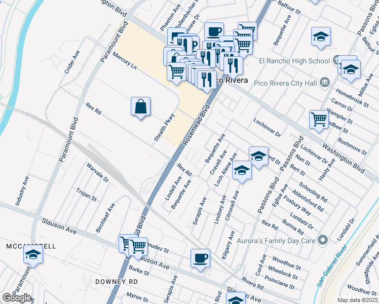 map of restaurants, bars, coffee shops, grocery stores, and more near 9017 Burma Road in Pico Rivera