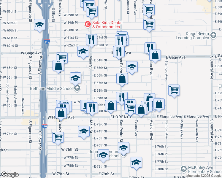 map of restaurants, bars, coffee shops, grocery stores, and more near 243 East 68th Street in Los Angeles