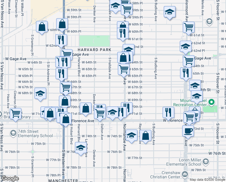 map of restaurants, bars, coffee shops, grocery stores, and more near 1451 West 68th Street in Los Angeles