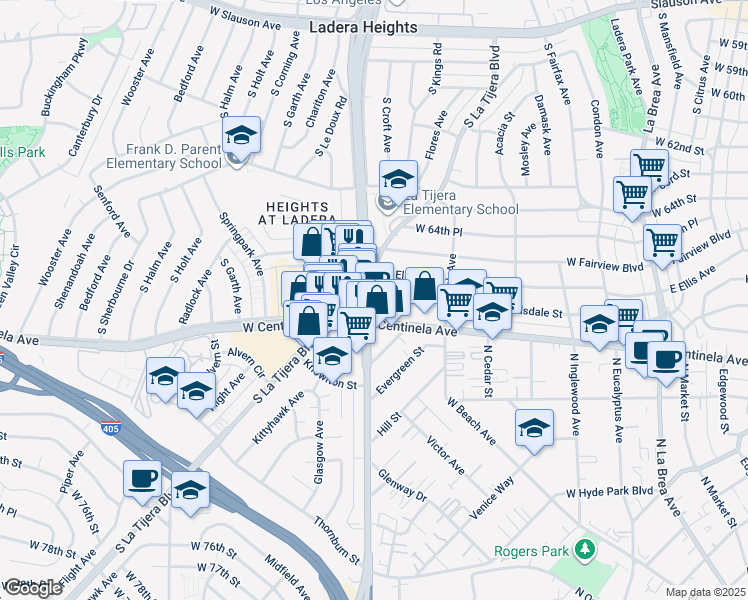map of restaurants, bars, coffee shops, grocery stores, and more near 620 West Hillsdale Street in Inglewood