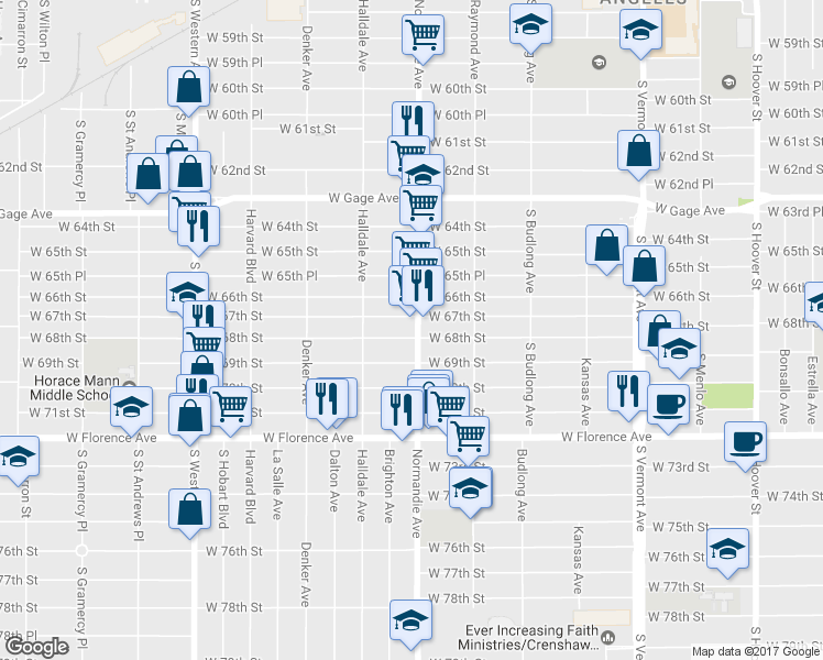 map of restaurants, bars, coffee shops, grocery stores, and more near 1407 West 68th Street in Los Angeles