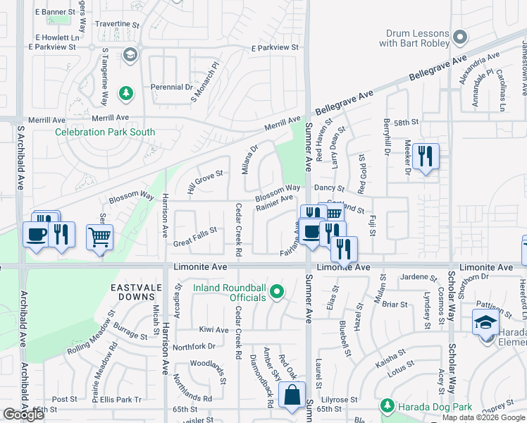 map of restaurants, bars, coffee shops, grocery stores, and more near 13557 Rainier Avenue in Corona
