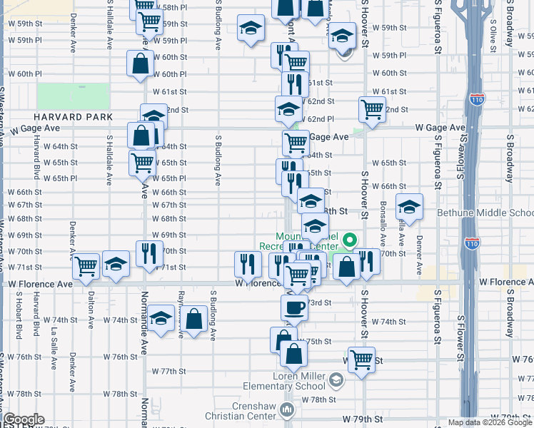 map of restaurants, bars, coffee shops, grocery stores, and more near 1031 West 68th Street in Los Angeles