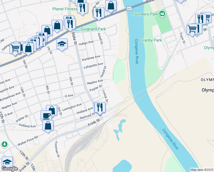 map of restaurants, bars, coffee shops, grocery stores, and more near 222 Spencer Place in Cayce