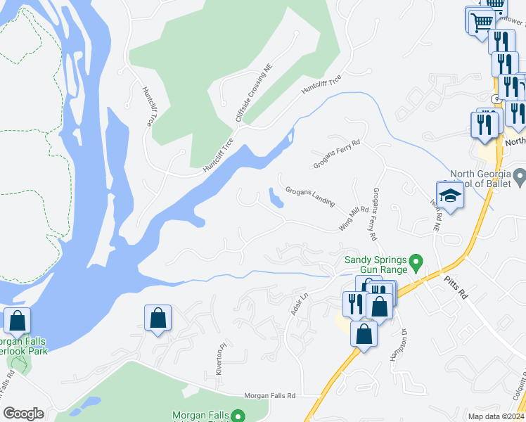 map of restaurants, bars, coffee shops, grocery stores, and more near 115 Grogans Lake Drive in Atlanta