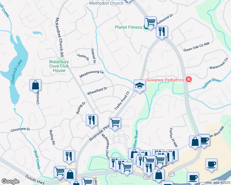 map of restaurants, bars, coffee shops, grocery stores, and more near 1130 Meadowsong Circle in Lawrenceville