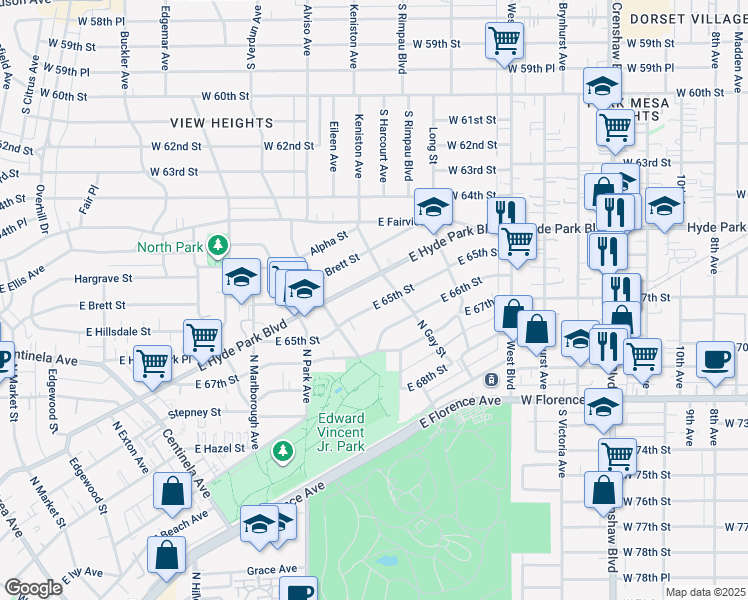 map of restaurants, bars, coffee shops, grocery stores, and more near 945 East 65th Street in Inglewood