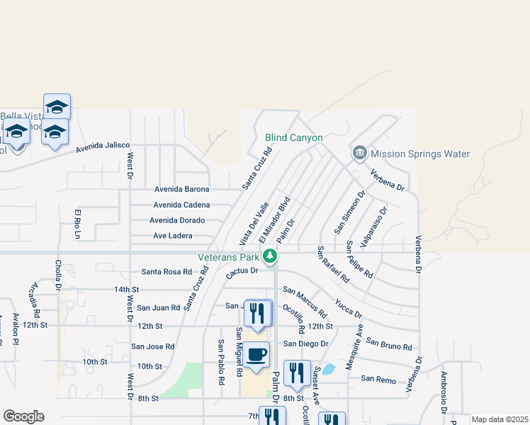 map of restaurants, bars, coffee shops, grocery stores, and more near 9730 Vista Del Valle in Desert Hot Springs