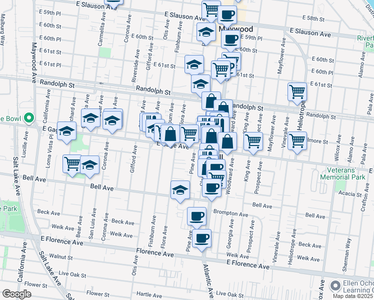 map of restaurants, bars, coffee shops, grocery stores, and more near 4368 Gage Avenue in Bell