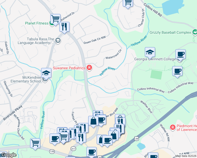 map of restaurants, bars, coffee shops, grocery stores, and more near 545 River Overlook Drive Northwest in Lawrenceville