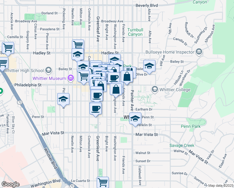 map of restaurants, bars, coffee shops, grocery stores, and more near 7032 Washington Avenue in Whittier