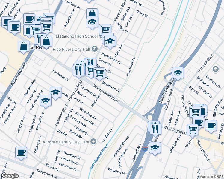 map of restaurants, bars, coffee shops, grocery stores, and more near 9650 Rushmore Street in Pico Rivera