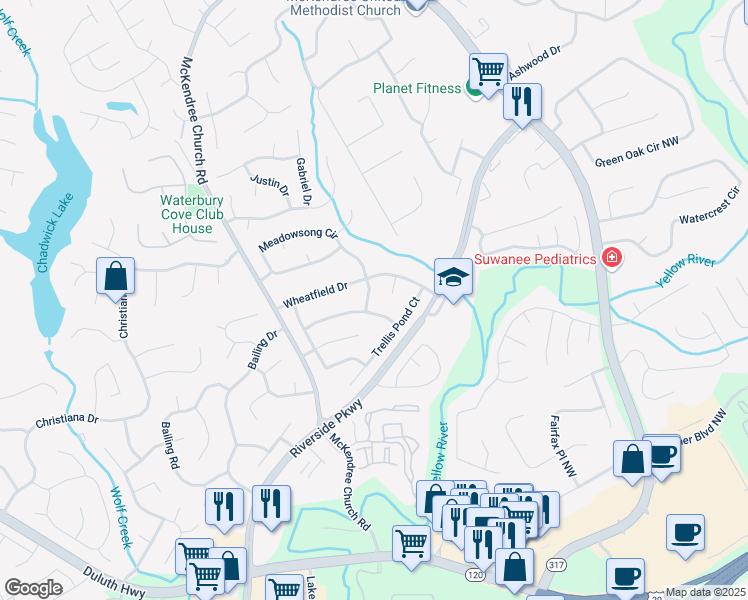 map of restaurants, bars, coffee shops, grocery stores, and more near 1130 Meadowsong Circle in Lawrenceville