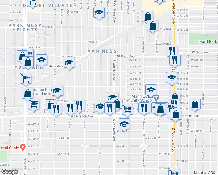 map of restaurants, bars, coffee shops, grocery stores, and more near 6702 Arlington Avenue in Los Angeles