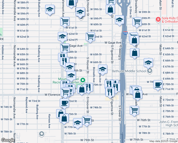 map of restaurants, bars, coffee shops, grocery stores, and more near 6806 South Hoover Street in Los Angeles