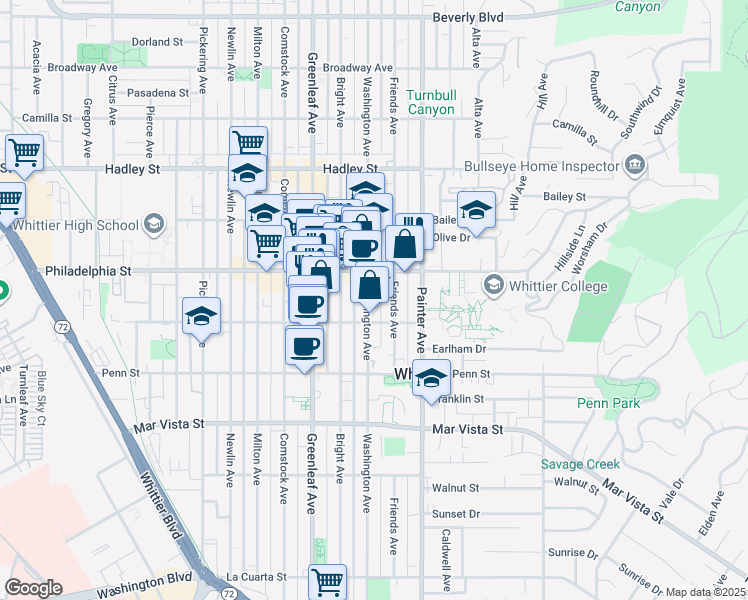 map of restaurants, bars, coffee shops, grocery stores, and more near 7032 Washington Avenue in Whittier