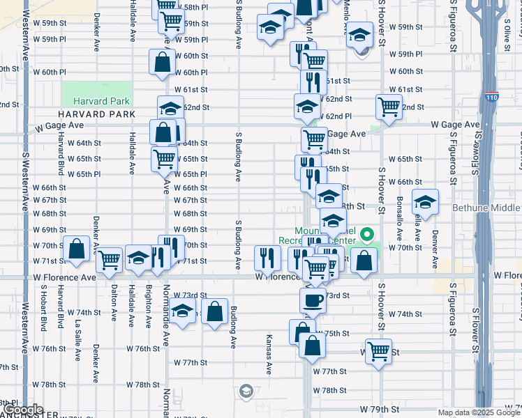 map of restaurants, bars, coffee shops, grocery stores, and more near 1123 West 68th Street in Los Angeles