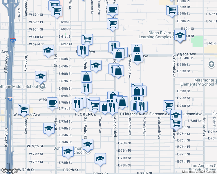 map of restaurants, bars, coffee shops, grocery stores, and more near 505 East 68th Street in Los Angeles