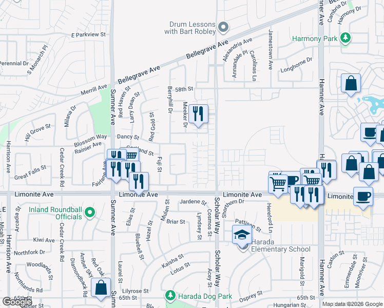 map of restaurants, bars, coffee shops, grocery stores, and more near 6043 Rosewood Way in Corona