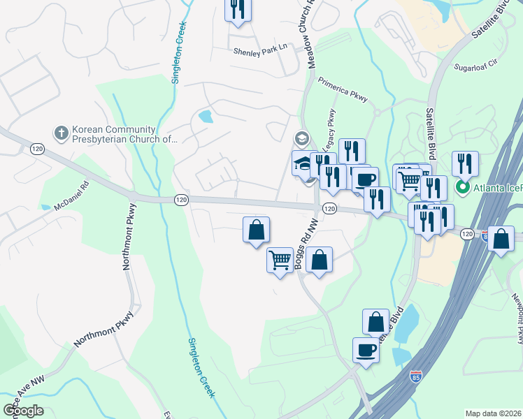 map of restaurants, bars, coffee shops, grocery stores, and more near 2499 Worrall Hill Way in Duluth