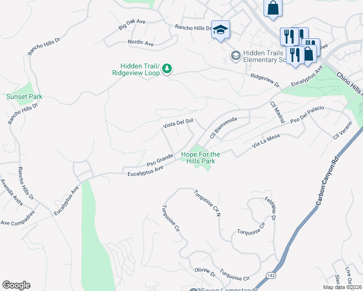 map of restaurants, bars, coffee shops, grocery stores, and more near 2120 Paseo Grande in Chino Hills