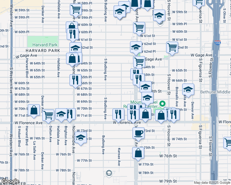 map of restaurants, bars, coffee shops, grocery stores, and more near 1123 West 68th Street in Los Angeles