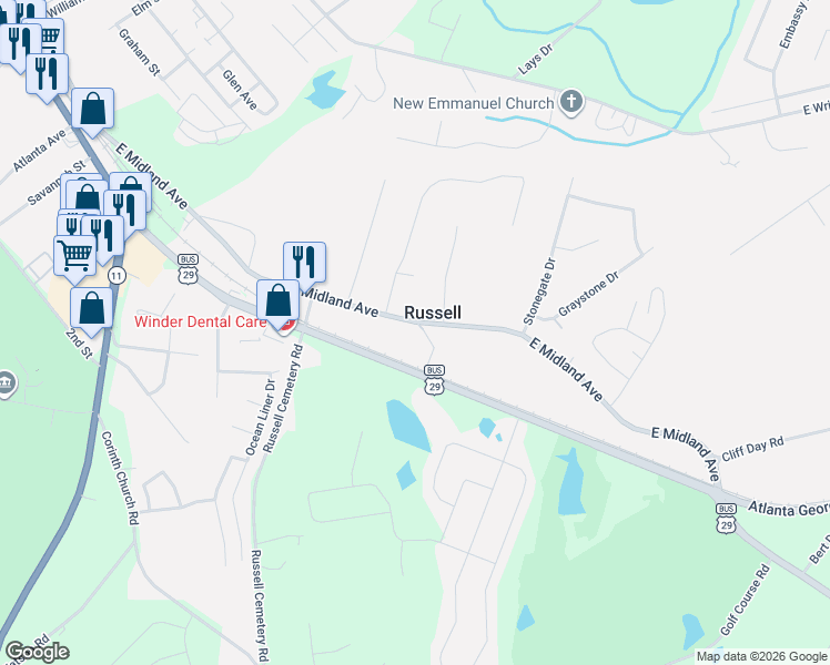 map of restaurants, bars, coffee shops, grocery stores, and more near 367 East Midland Avenue in Winder