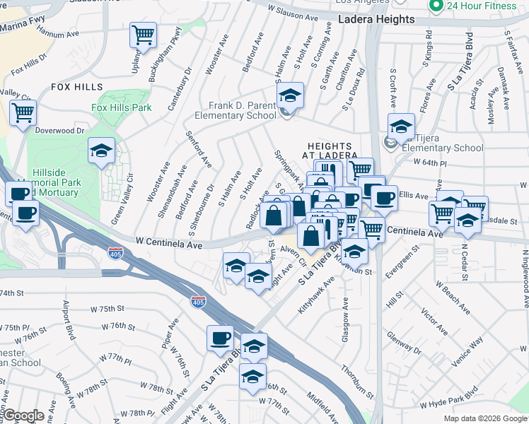 map of restaurants, bars, coffee shops, grocery stores, and more near 6727 Alvern Street in Los Angeles