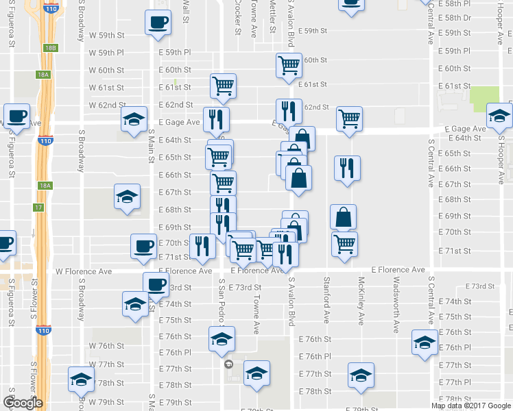 map of restaurants, bars, coffee shops, grocery stores, and more near 401 East 68th Street in Los Angeles