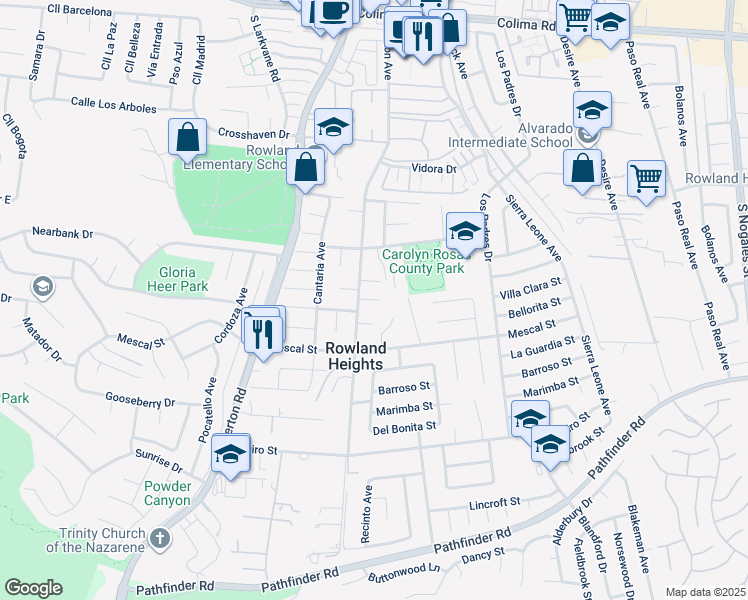 map of restaurants, bars, coffee shops, grocery stores, and more near 18418 Villa Clara Street in Rowland Heights