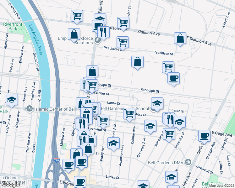 map of restaurants, bars, coffee shops, grocery stores, and more near 5877 Watcher Street in Bell Gardens
