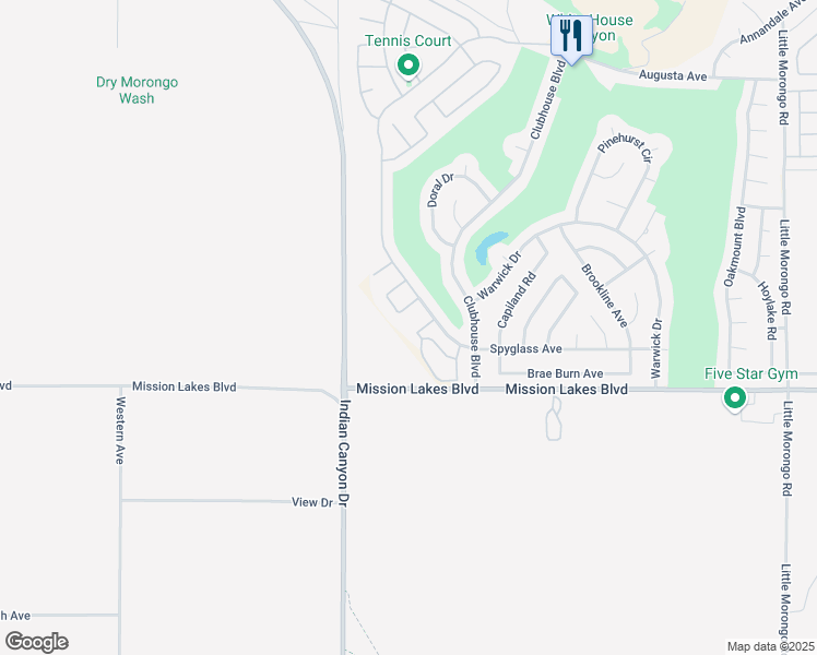map of restaurants, bars, coffee shops, grocery stores, and more near 9641 Spyglass Avenue in Desert Hot Springs