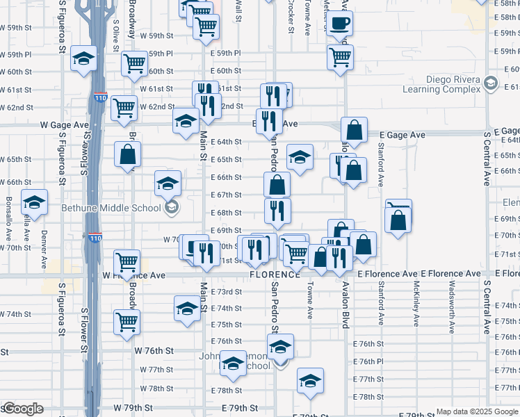 map of restaurants, bars, coffee shops, grocery stores, and more near 239 East 68th Street in Los Angeles