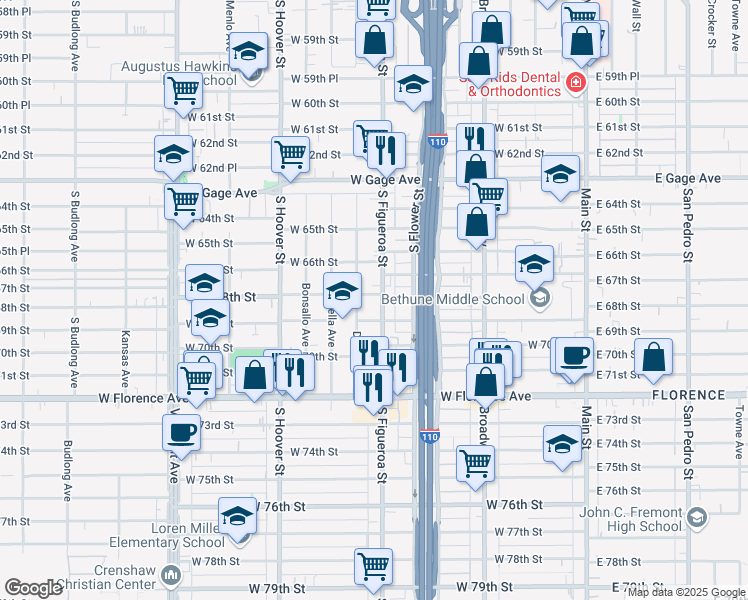 map of restaurants, bars, coffee shops, grocery stores, and more near 6801 South Figueroa Street in Los Angeles
