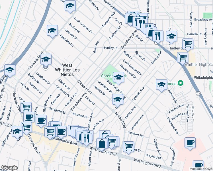 map of restaurants, bars, coffee shops, grocery stores, and more near 11449 Bradhurst Street in Whittier
