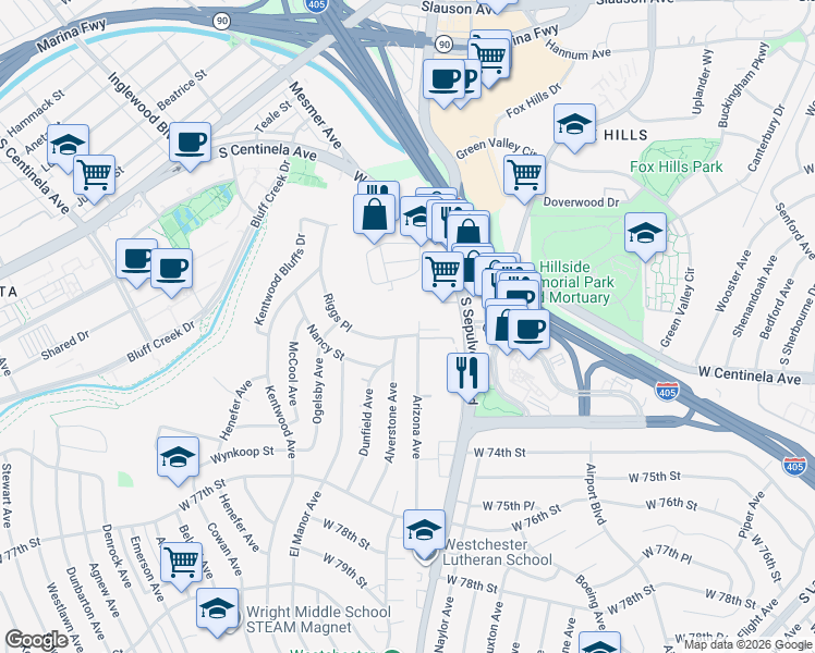 map of restaurants, bars, coffee shops, grocery stores, and more near 6307 Riggs Place in Los Angeles